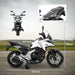 White and black Honda motorcycle with detailed size measurements on road background
