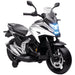 White and black Honda electric kids motorcycle with training wheels and LED headlights