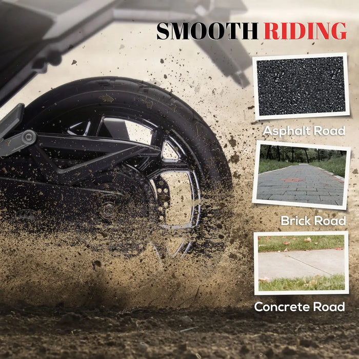 Close-up of black motorcycle rear wheel kicking up dirt with asphalt, brick, and concrete road textures