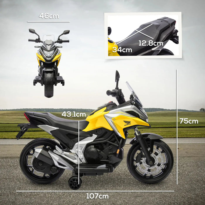 Yellow Honda motorcycle with detailed measurements against a road and grassy landscape backdrop