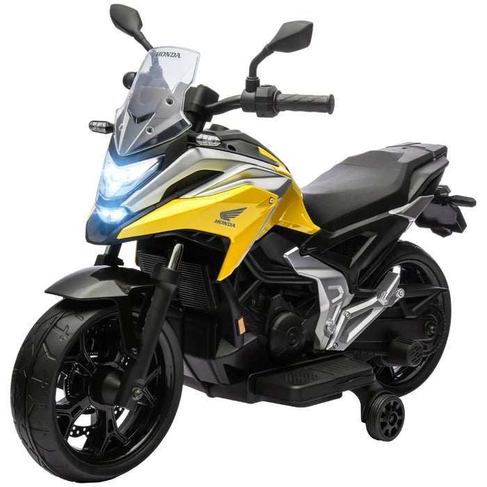 Yellow and black Honda kids electric motorcycle with training wheels and LED headlights