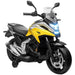 Yellow and black Honda electric kids motorcycle with training wheels and LED headlight