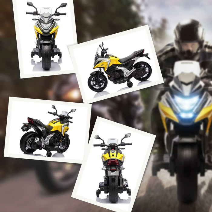 Yellow and black Honda toy motorcycle with training wheels shown from front, side, and rear angles
