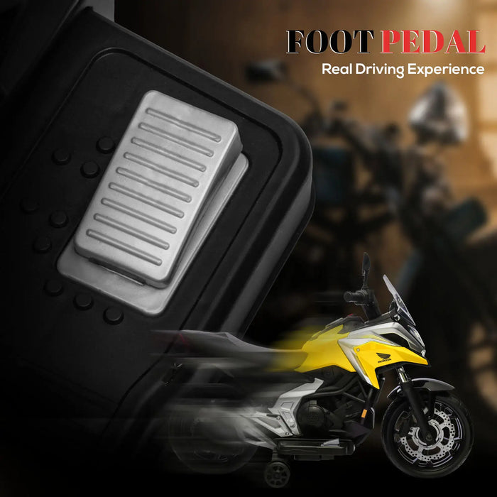 Close-up of a metallic foot pedal with a blurred yellow Honda motorcycle and text 'Foot Pedal Real Driving Experience'