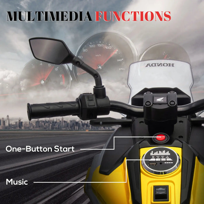 Honda motorcycle handlebar with one-button start and music multimedia functions on yellow body