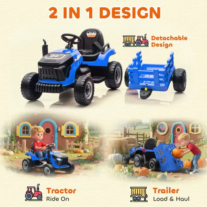 12V Kids 2-in-1 Ride-On Tractor with Detachable Trailer – Blue | Dual Control AIYAPLAY - Little and Giant Explorers AIYAPLAY