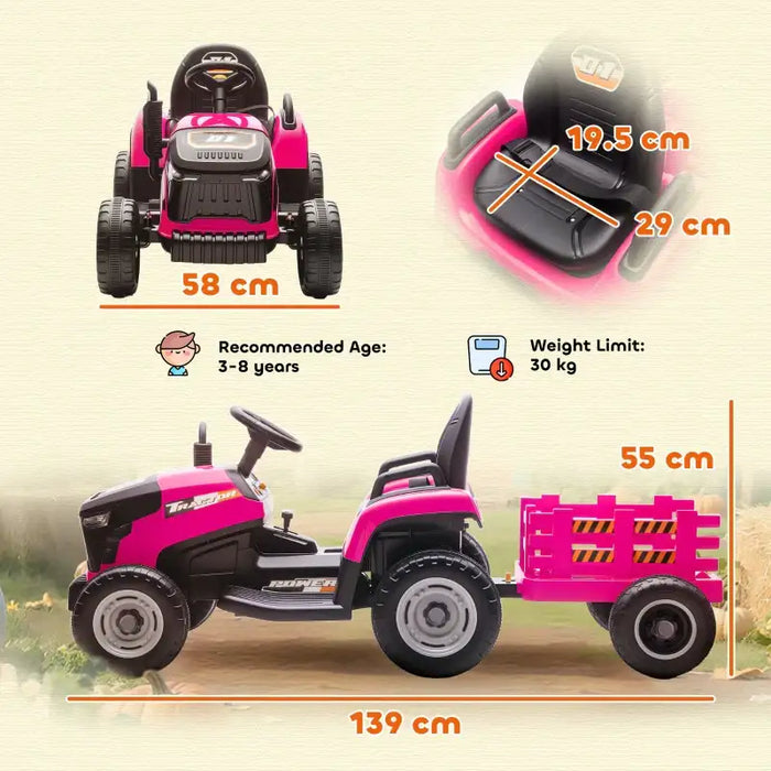 12V Kids 2-in-1 Ride-On Tractor with Detachable Trailer – Pink | Dual Control AIYAPLAY - Little and Giant Explorers AIYAPLAY