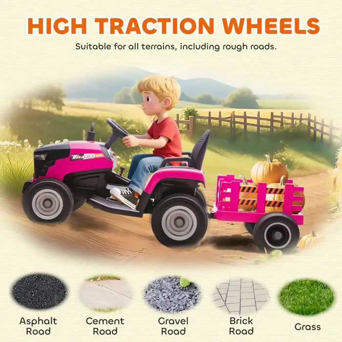 12V Kids 2-in-1 Ride-On Tractor with Detachable Trailer – Pink | Dual Control AIYAPLAY - Little and Giant Explorers AIYAPLAY