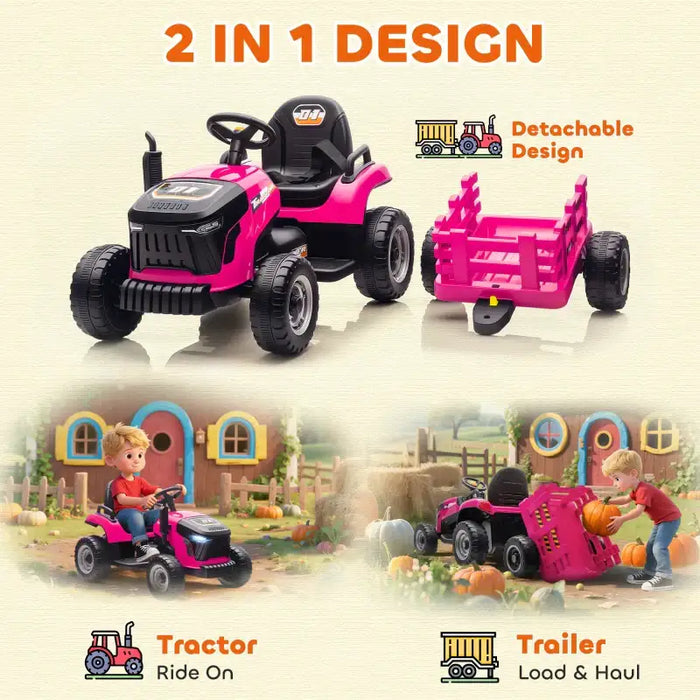 12V Kids 2-in-1 Ride-On Tractor with Detachable Trailer – Pink | Dual Control AIYAPLAY - Little and Giant Explorers AIYAPLAY