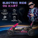 Pink 12V kids electric go-kart with specs, child in sunglasses, nighttime bridge background