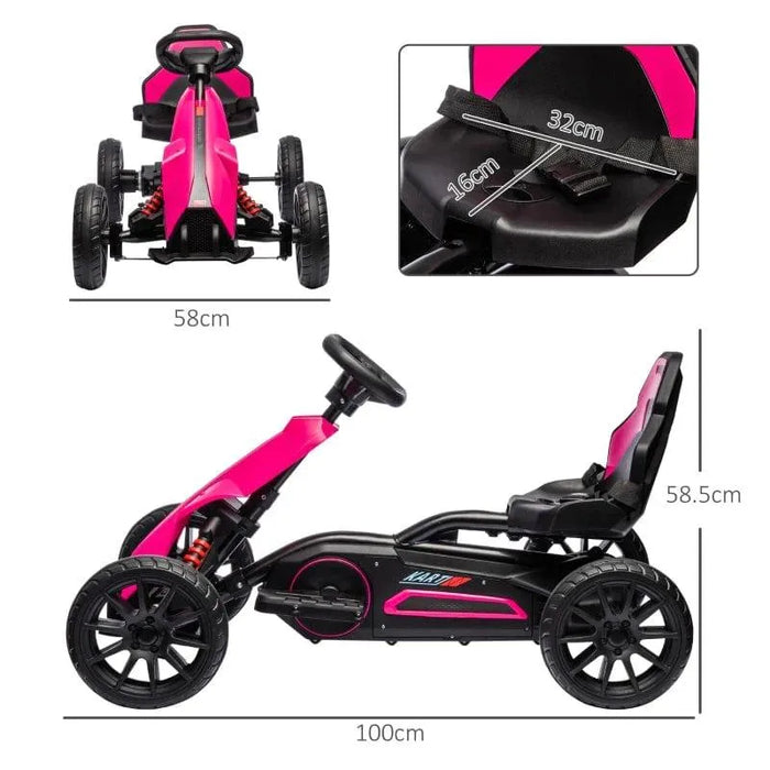 Pink 12V kids electric go kart with adjustable seat, black frame, and size measurements shown