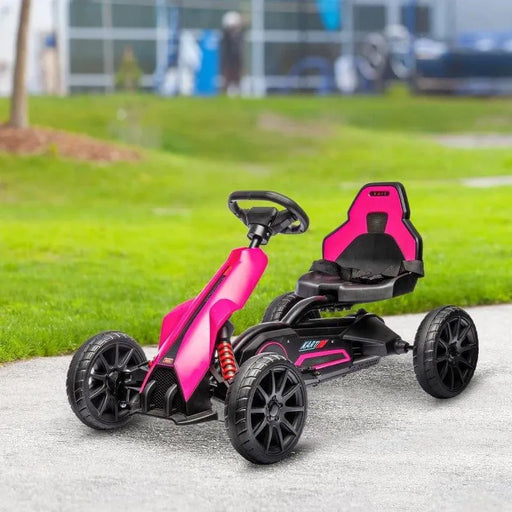 12V kids electric pink go-kart with black wheels and adjustable seat on outdoor path