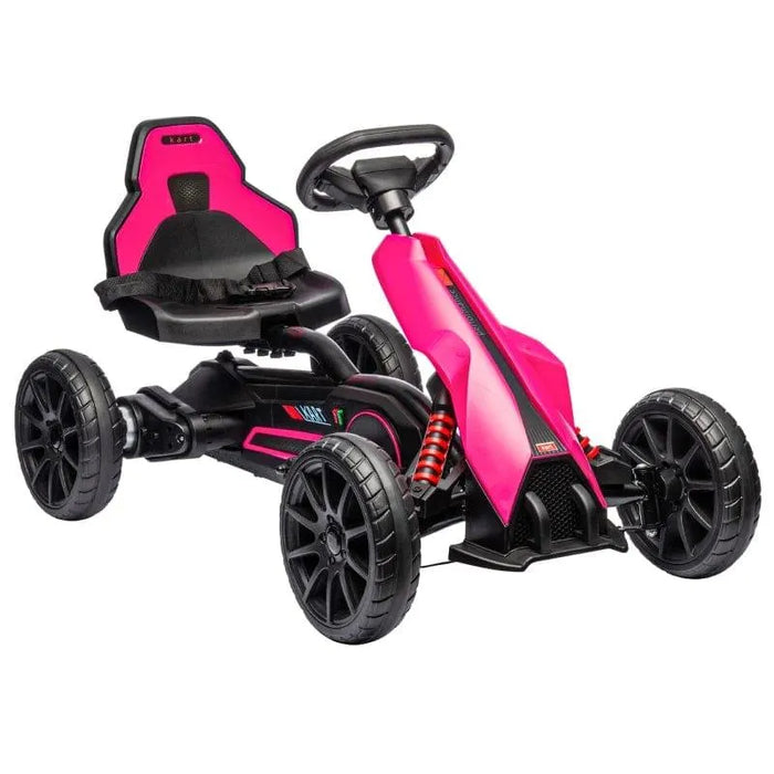 Pink 12V kids electric go-kart with adjustable seat, four wheels, and black accents