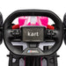 Close-up of pink kids electric go-kart steering wheel and dashboard controls
