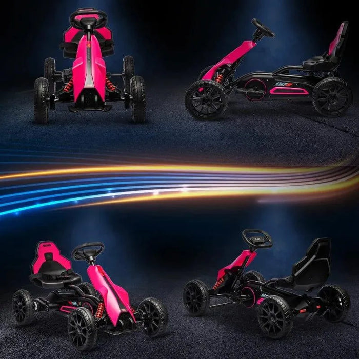 12V kids electric go-kart pink ride-on with adjustable speeds, shown on dark background