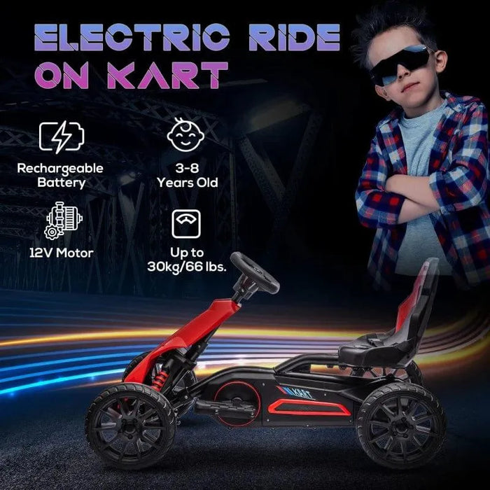 Red kids' 12V electric ride-on go-kart with adjustable speeds, boy in sunglasses, dark setting