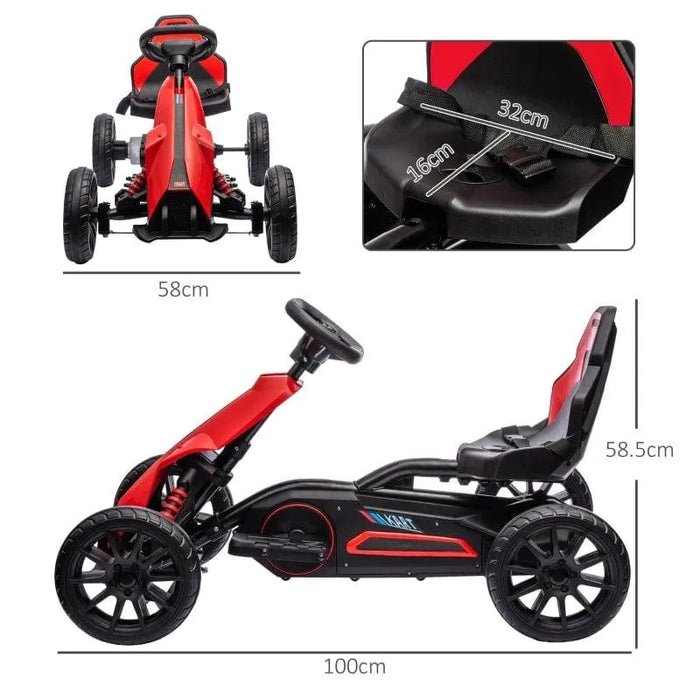 Red 12V kids electric go-kart ride-on with adjustable seat, dimensions shown