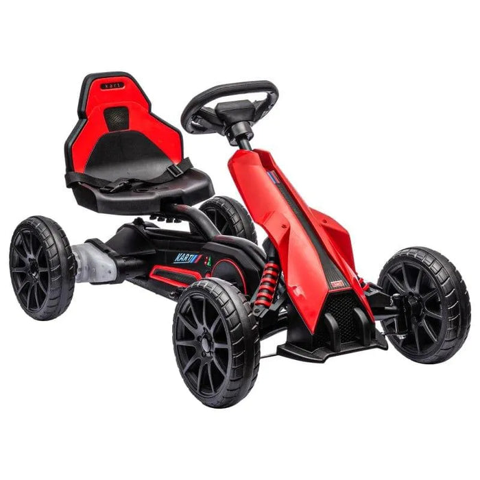 Red 12V kids electric go-kart with black seat, adjustable speeds, and four large wheels