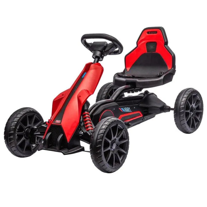 Red 12V kids electric go-kart ride-on with adjustable seat and large black wheels