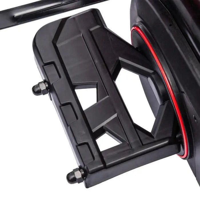 Close-up of 12V kids electric go-kart black footrest with red accent ring