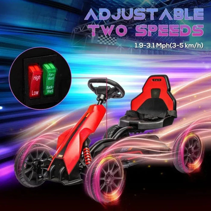 Red 12V kids electric go-kart with adjustable two speeds, forward and reverse controls