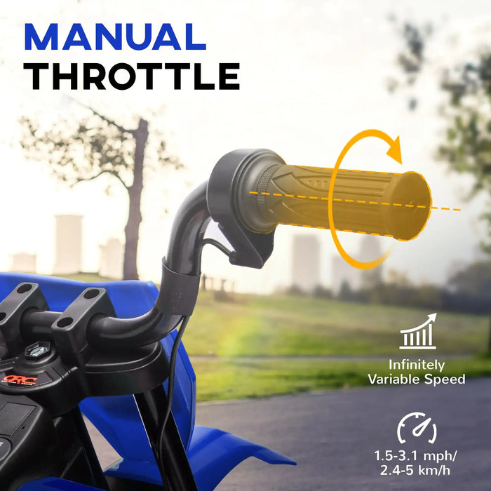 Close-up of a blue vehicle's manual throttle handlebar with rotation arrow and speed info outdoors