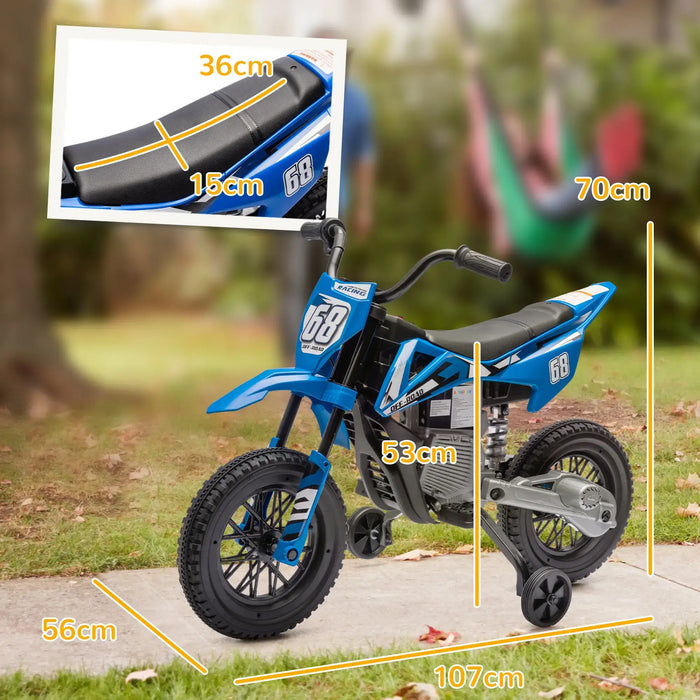 Blue kids electric off-road motorbike with training wheels and size dimensions outdoors