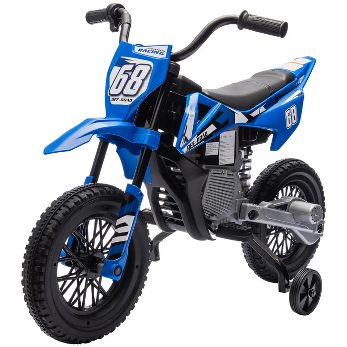 Blue kids electric dirt bike with training wheels, number 68 and off-road racing decals