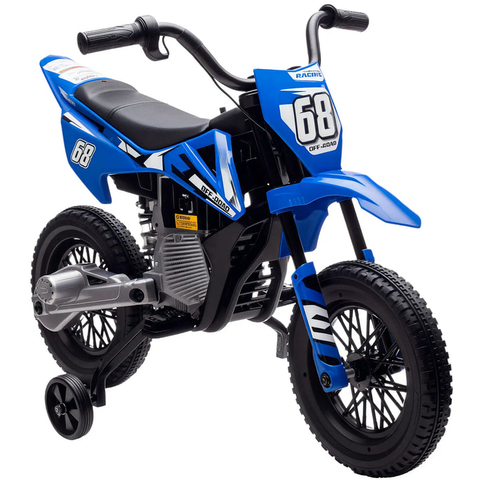 Blue kids electric dirt bike with training wheels and number 68 racing decals