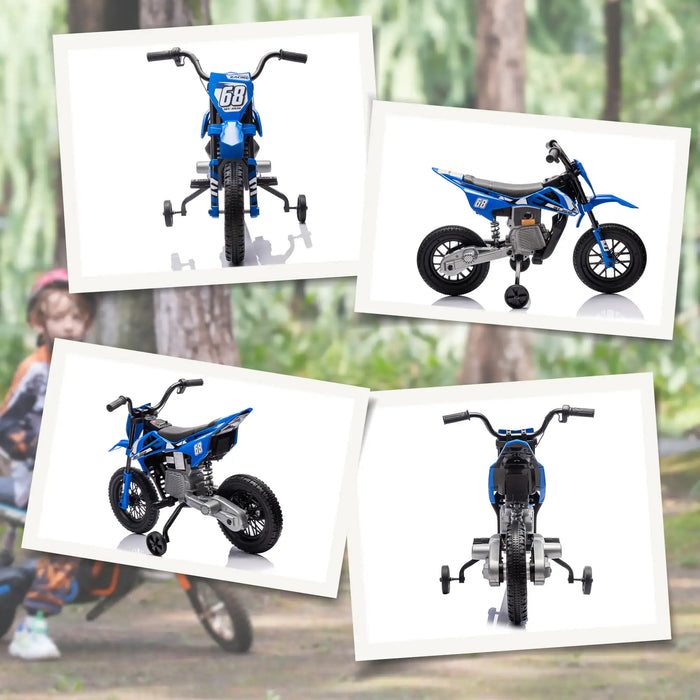Blue kids electric dirt bike with training wheels shown from front, side, back, and angled views