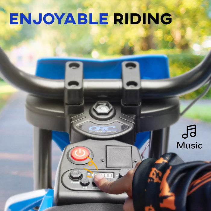 Close-up of electric bike handlebar with hand pressing control buttons and power switch