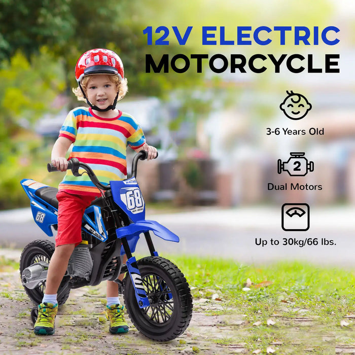 Child wearing red helmet and striped shirt on blue 12V electric motorcycle for kids aged 3-6