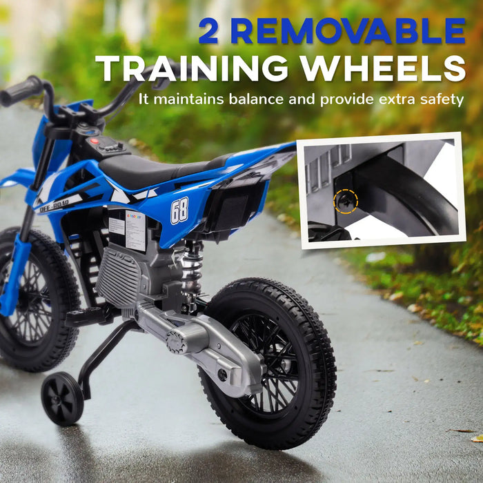 Blue electric kids dirt bike with 2 removable training wheels for balance and safety on pavement