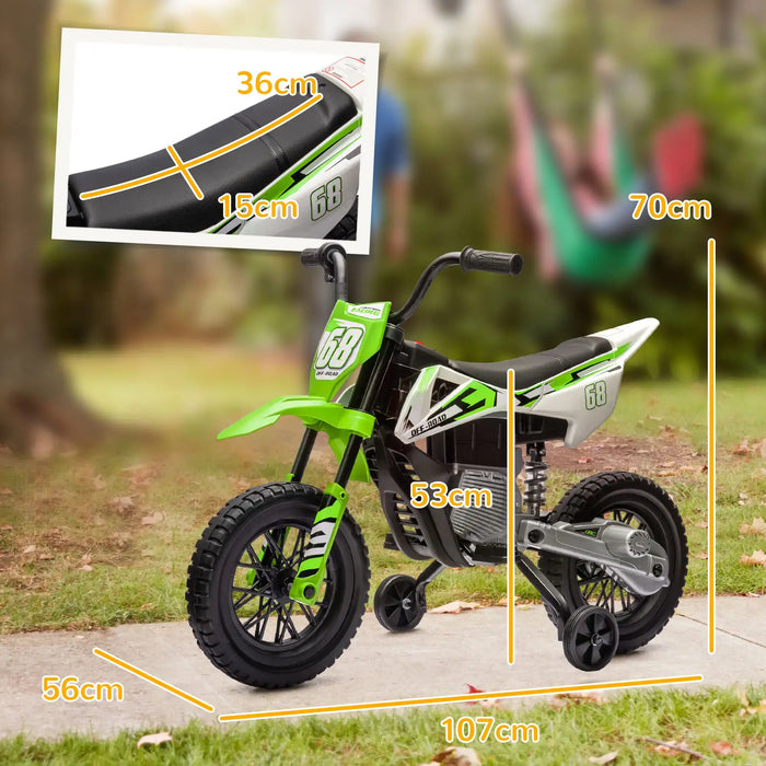 Green and white kids' electric dirt bike with training wheels and dimension labels in outdoor setting.