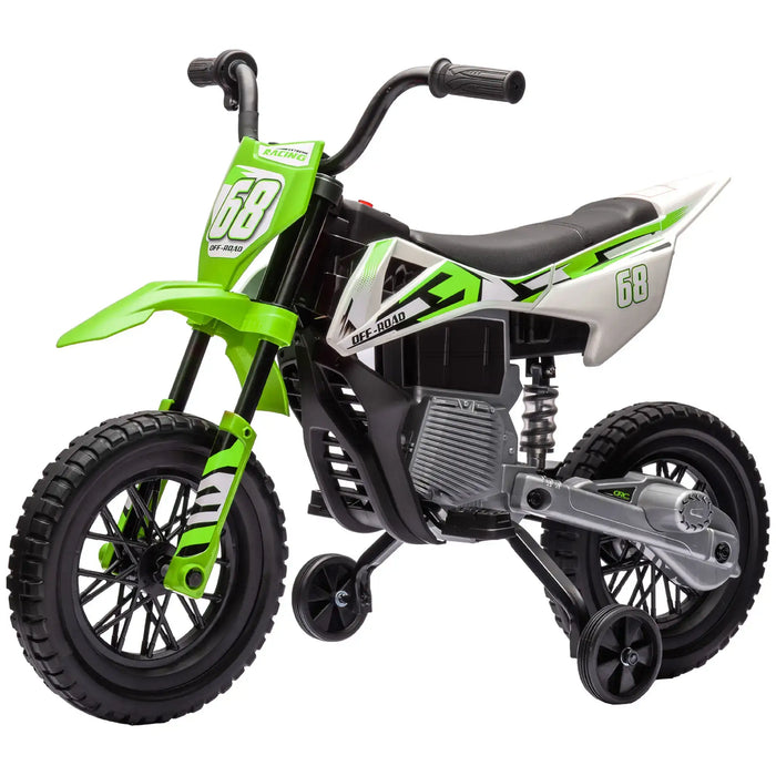 Green and white kids electric dirt bike with training wheels and off-road design number 68