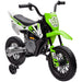 Green and white kids electric dirt bike with number 68 and training wheels on white background