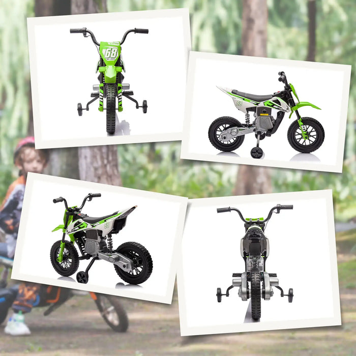 Green and white kids electric dirt bike with training wheels shown from multiple angles on white background
