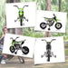 Green and white kids electric dirt bike with training wheels shown from multiple angles on white background