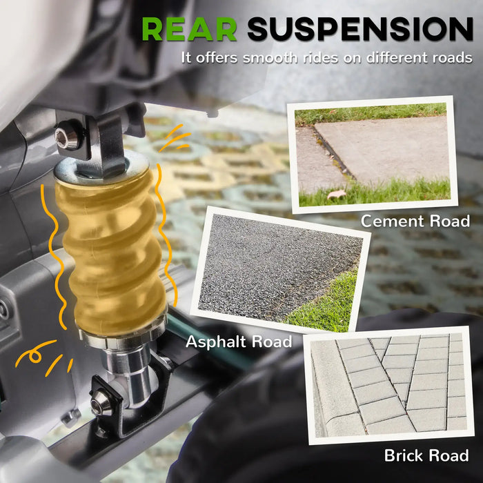 Close-up of rear suspension with golden cover on vehicle showing smooth rides on cement, asphalt, and brick roads