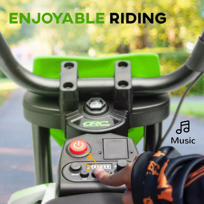 Close-up of a finger pressing music control buttons on green electric bike handlebar