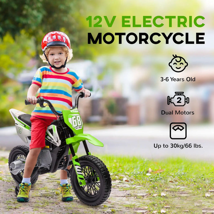Child with red helmet riding green 12V electric motorcycle for ages 3-6 on outdoor path