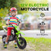 Child with red helmet riding green 12V electric motorcycle for ages 3-6 on outdoor path
