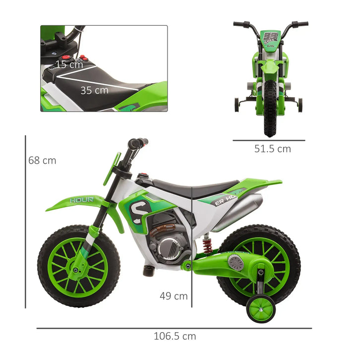 Green and white children's dirt bike with dimensions displayed