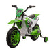 Green and white toy dirt bike with training wheels on a white background