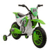 Green and white toy dirt bike with training wheels on a white background