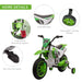 Green and white children's dirt bike with features highlighted on a white background
