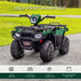 Green and black 12V kids electric quad bike with LED headlights on outdoor path
