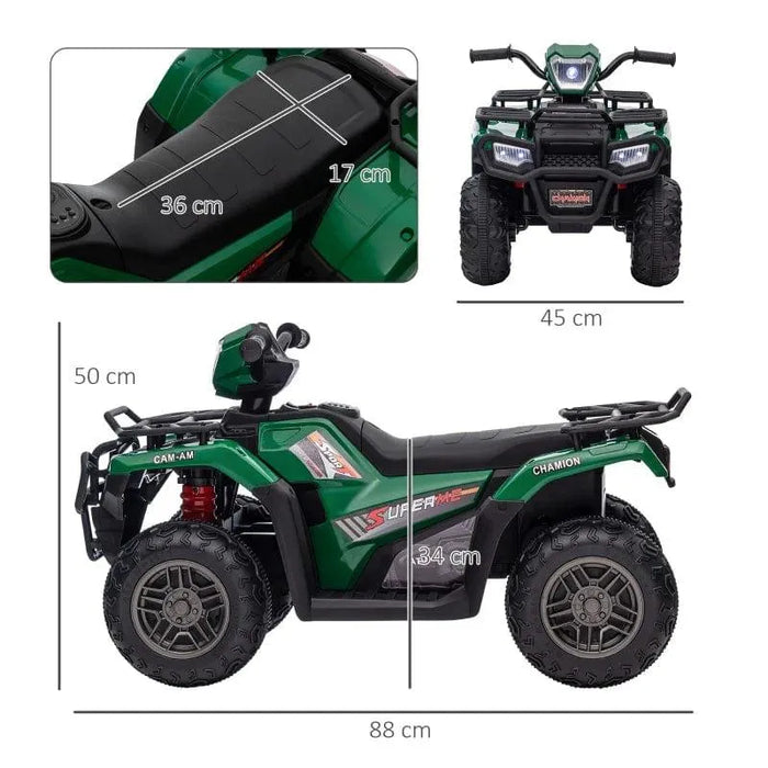 Green and black 12V kids electric quad bike with LED headlights, USB music, and size dimensions.