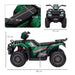 Green and black 12V kids electric quad bike with LED headlights, USB music, and size dimensions.