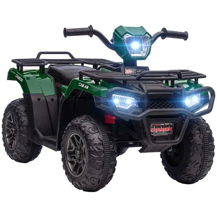Green and black 12V kids electric quad bike with LED headlights and rugged tires
